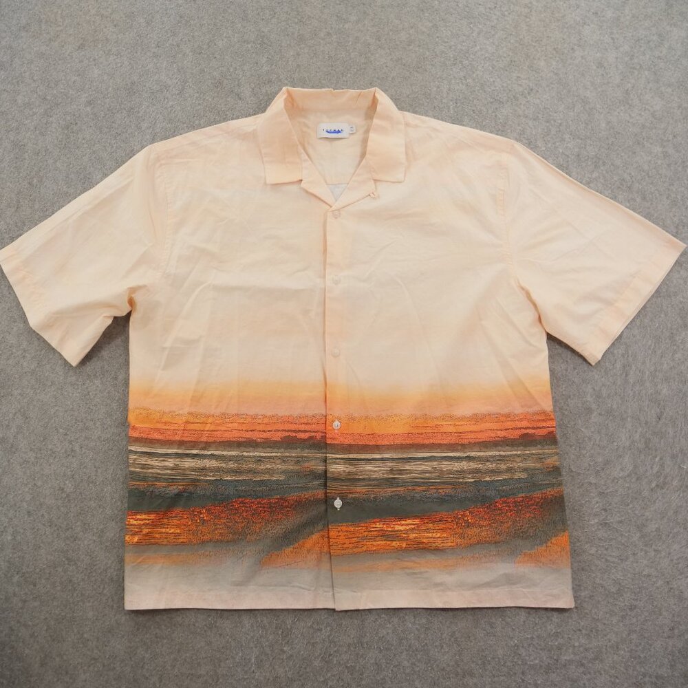 Topman Peach Short Sleeve Button-Down Shirt with Orange and Brown Stripe Print